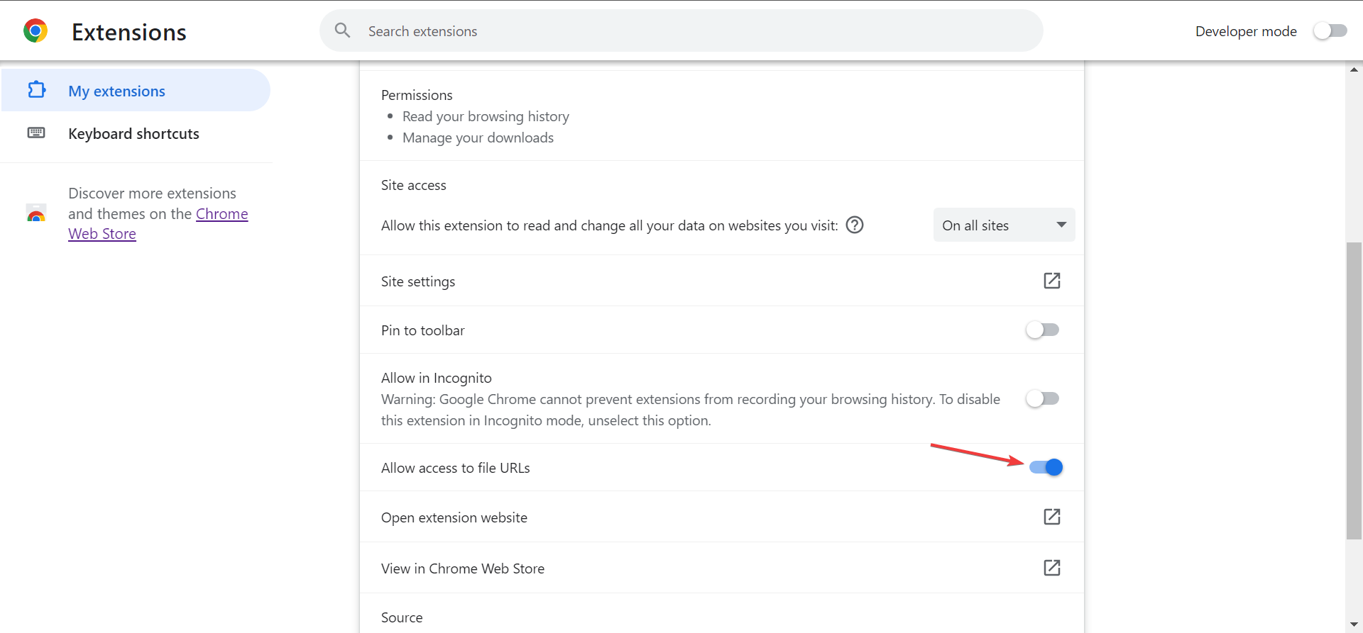 Переключатель Разрешить доступ к файлам в настройках расширения