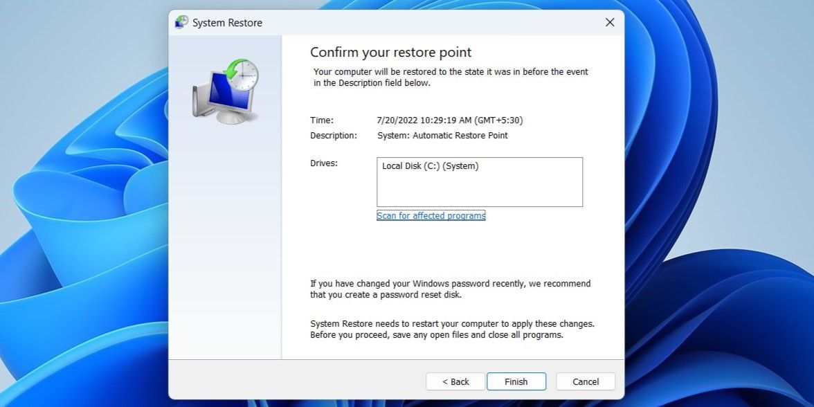 Диалог Восстановления системы в Windows