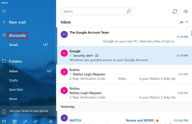 Пункт Учётные записи в левой панели