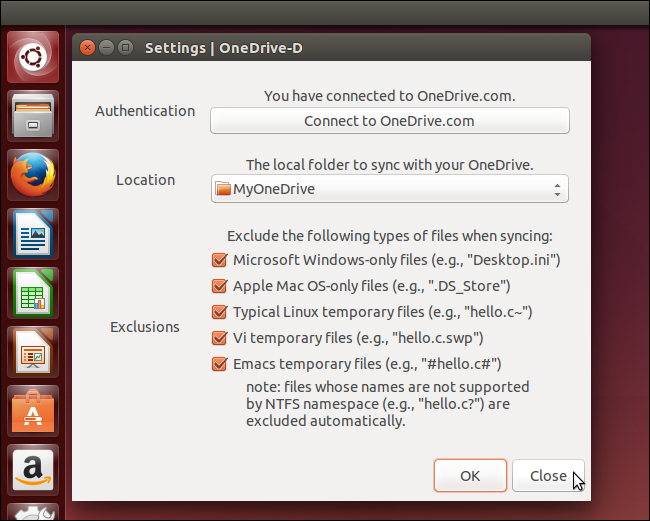 Закрытие окна настроек OneDrive-D