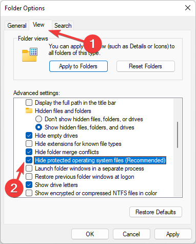 Снятие защиты «Скрывать защищённые файлы ОС» в настройках папок