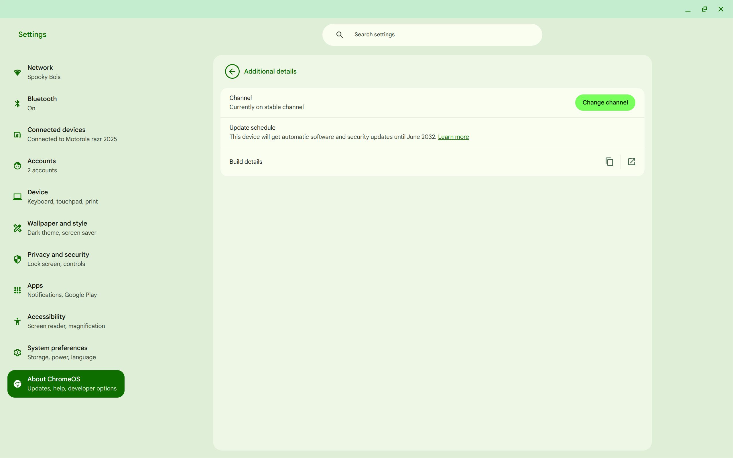 The 'Additional details' section of the Chromebook Settings app