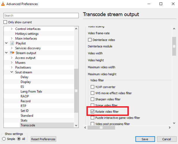 Активация Rotate Video Filter в VLC