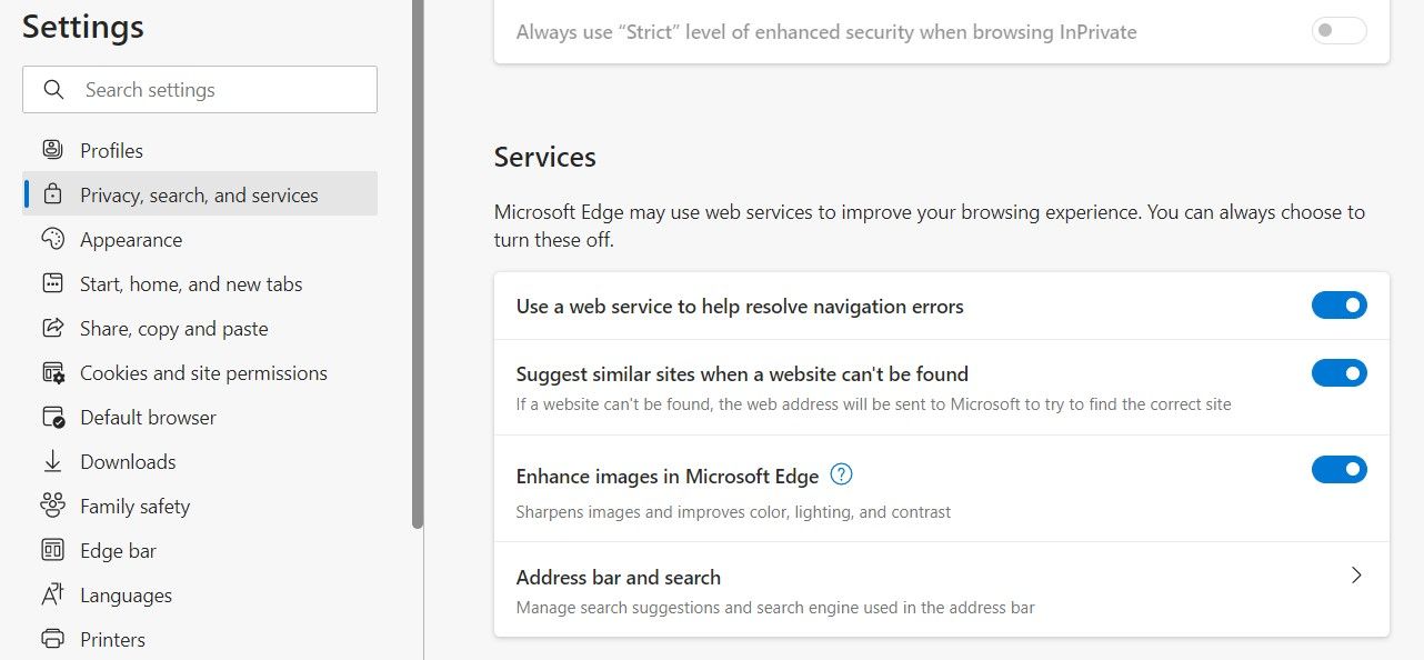 Параметры служб в Microsoft Edge