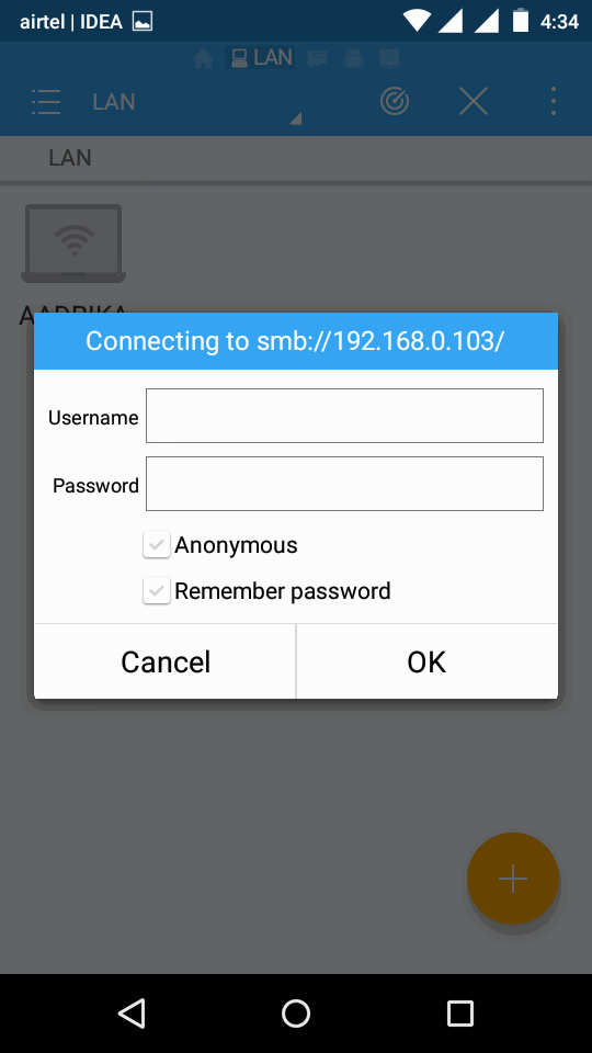 Saisie du nom d'utilisateur et mot de passe pour le partage SMB