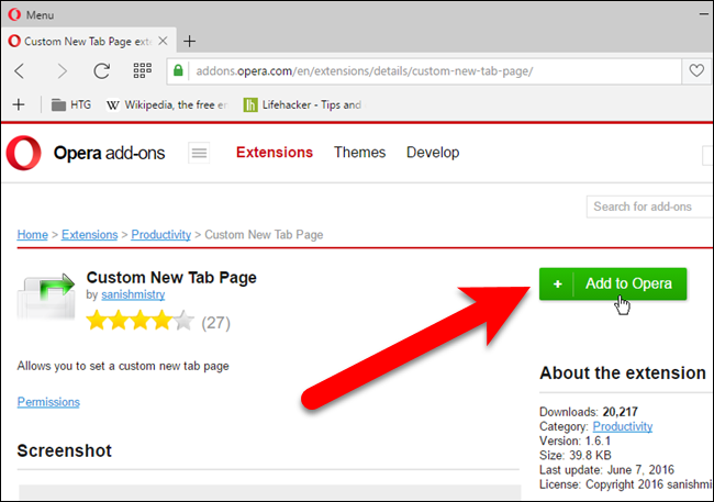 Добавление расширения Custom New Tab Page в Opera