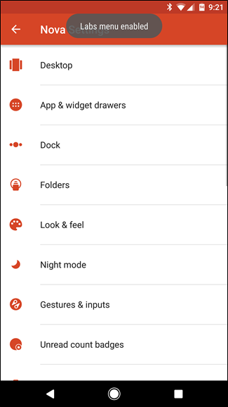 Уведомление о включении Labs в Nova Launcher