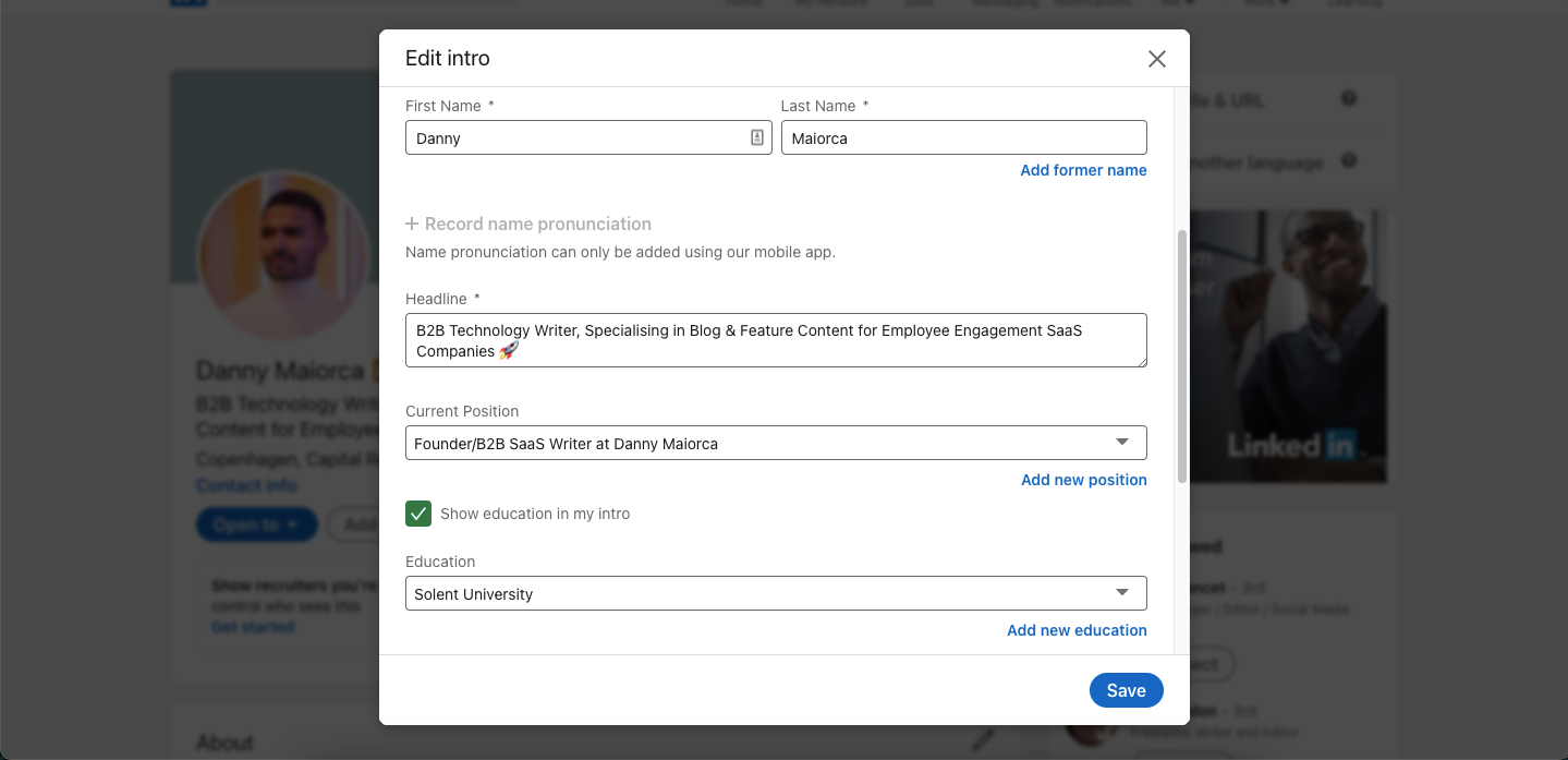 интерфейс изменения заголовка профиля LinkedIn
