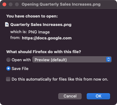 Подсказка браузера Firefox открыть или сохранить файл