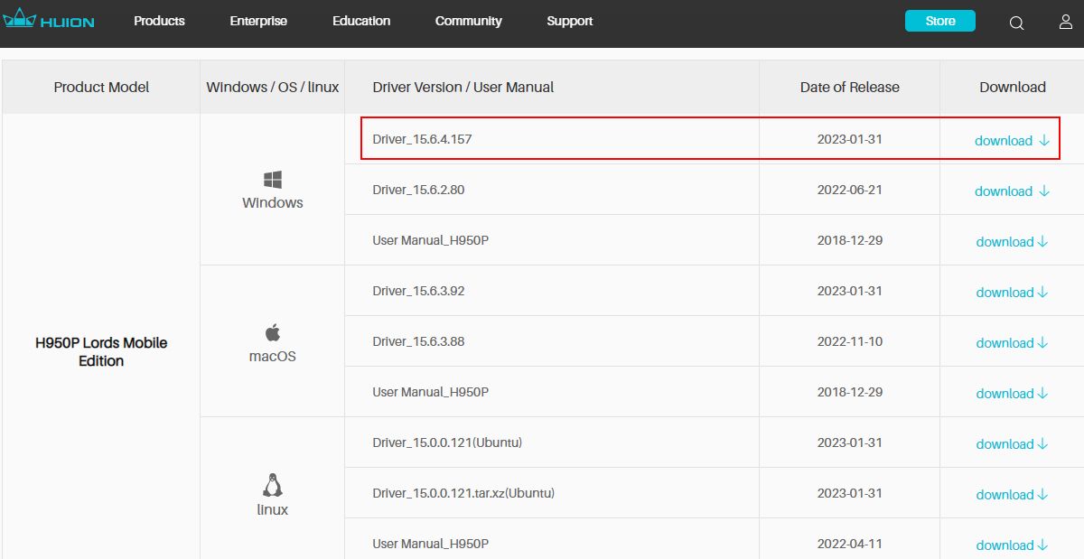 Страница загрузки драйверов Huion на сайте производителя