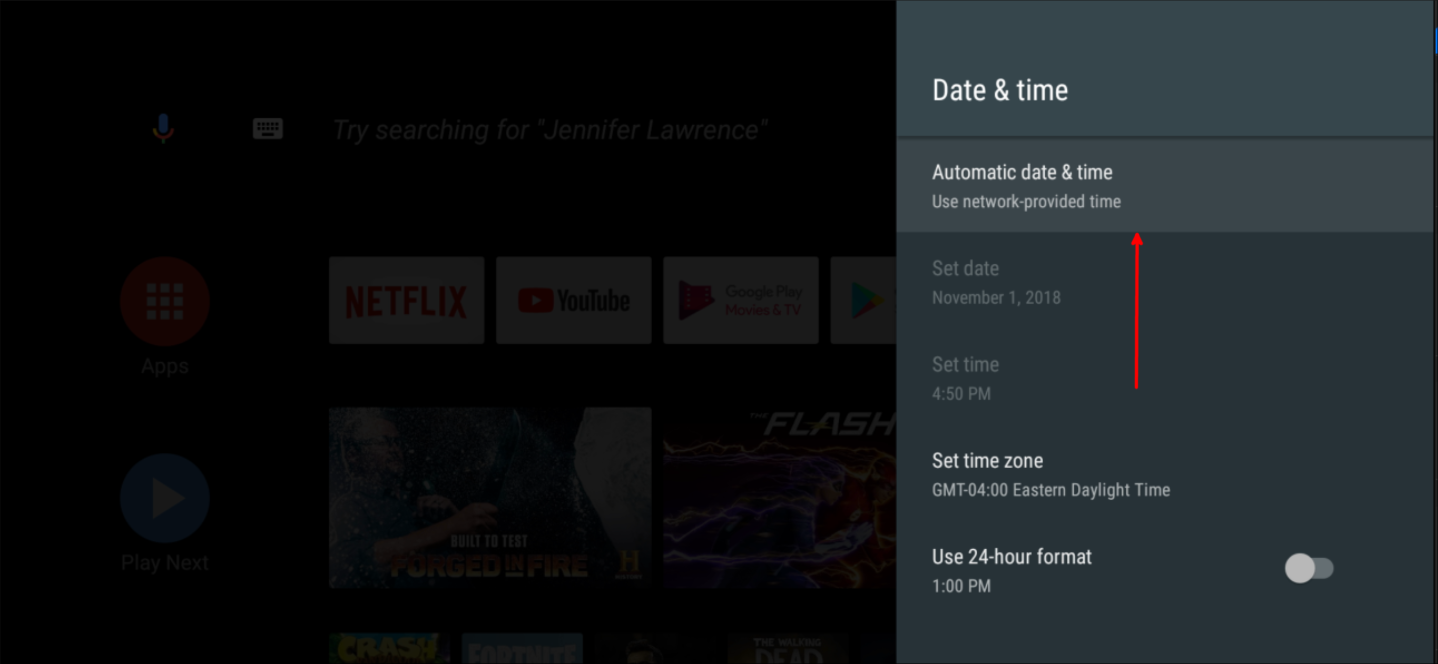 Опция сетевого времени на Android TV