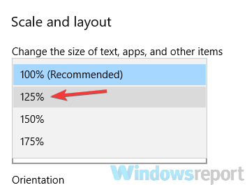 Параметры масштабирования дисплея с выбором 125%