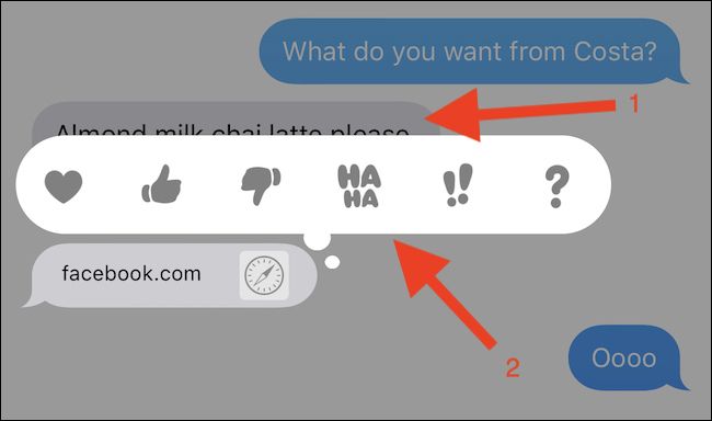 Нажмите и удерживайте сообщение, затем выберите нужный Tapback