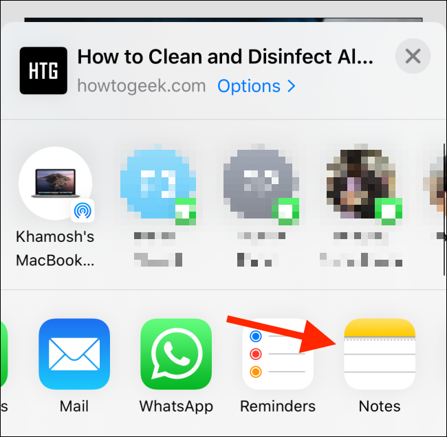 Нажмите расширение Заметки в листе Поделиться