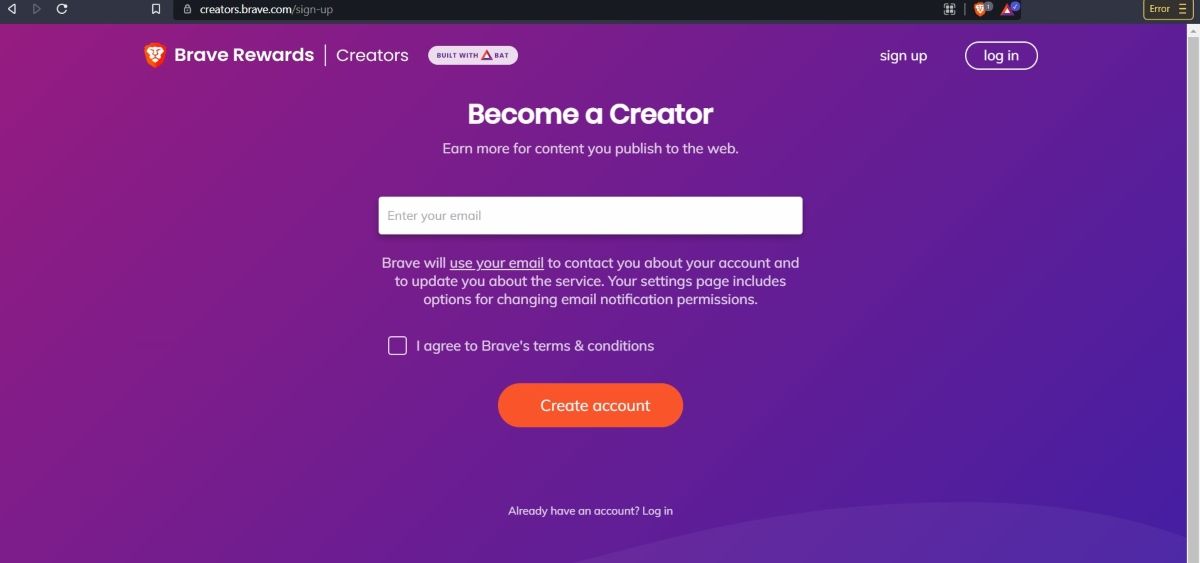 Форма регистрации в программе создателей Brave Creator.