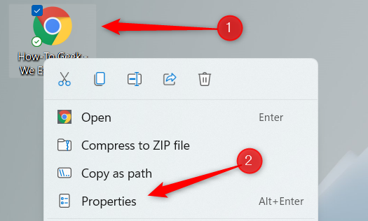 Меню «Свойства» для ярлыка.
