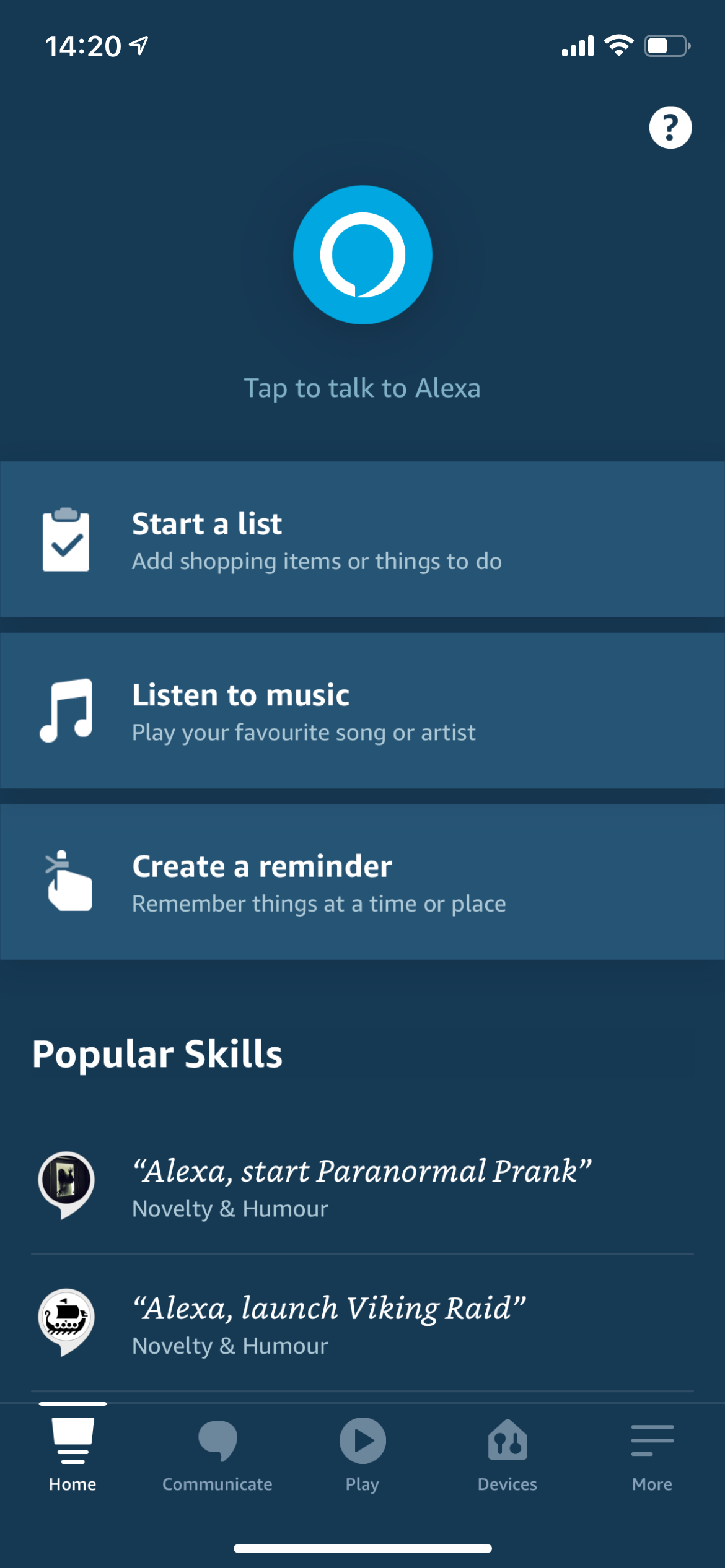 Главный экран приложения Alexa