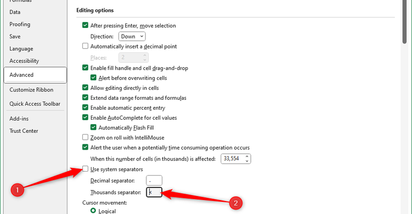 Usare un carattere alternativo 'x' come separatore delle migliaia nelle opzioni di Excel.