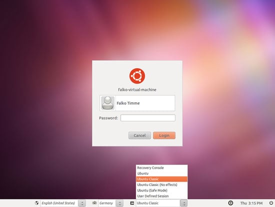 Экран входа: выбор сеанса Ubuntu Classic или Unity