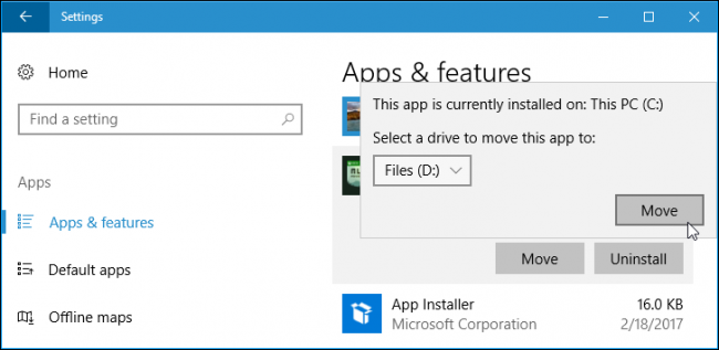 Выбор диска для перемещения приложения в Windows 10