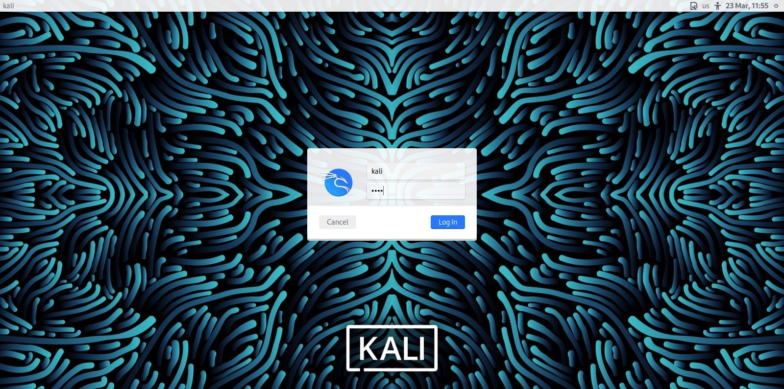 экран входа в систему Kali Linux с полями для имени и пароля