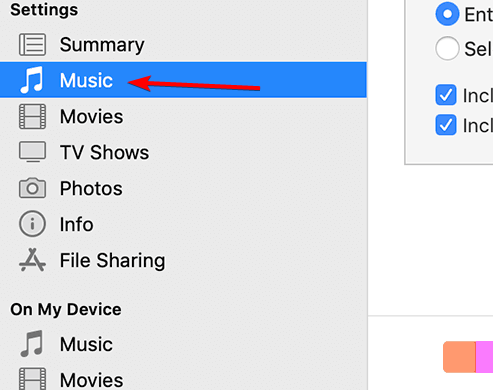 Выбор раздела «Музыка» в боковой панели iTunes
