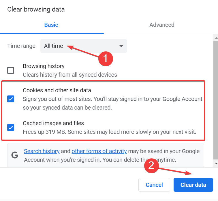 экран очистки данных браузера Chrome