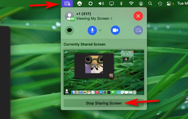 Нажмите «Прекратить совместный доступ к экрану» на Mac FaceTime