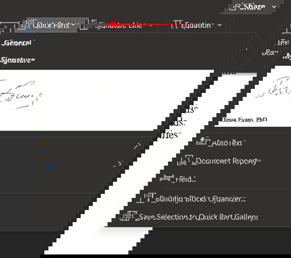 Вставка сохранённого фрагмента подписи