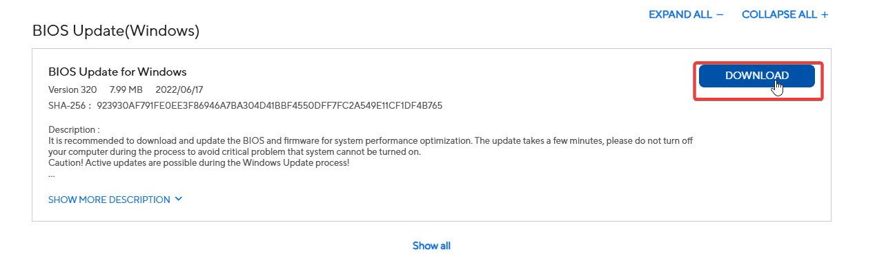 Скачивание обновления BIOS с сайта поддержки ASUS