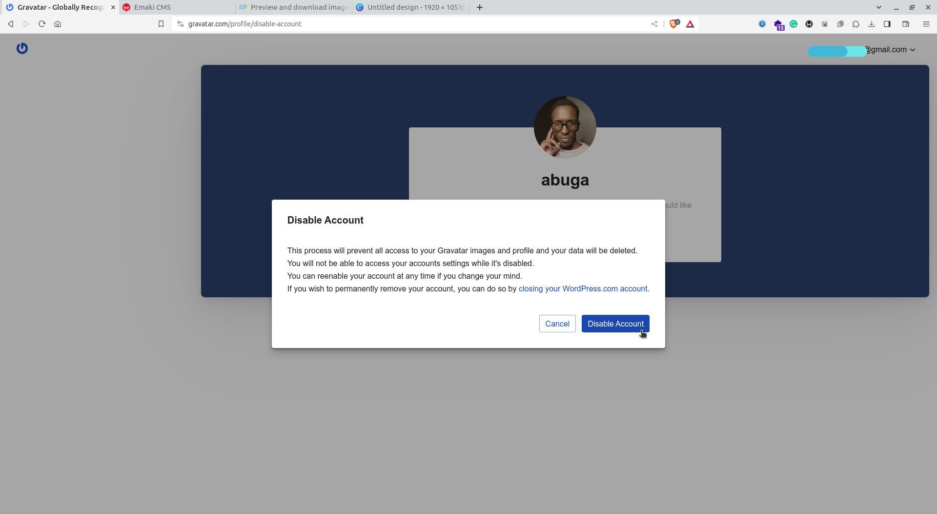 Страница отключения аккаунта Gravatar