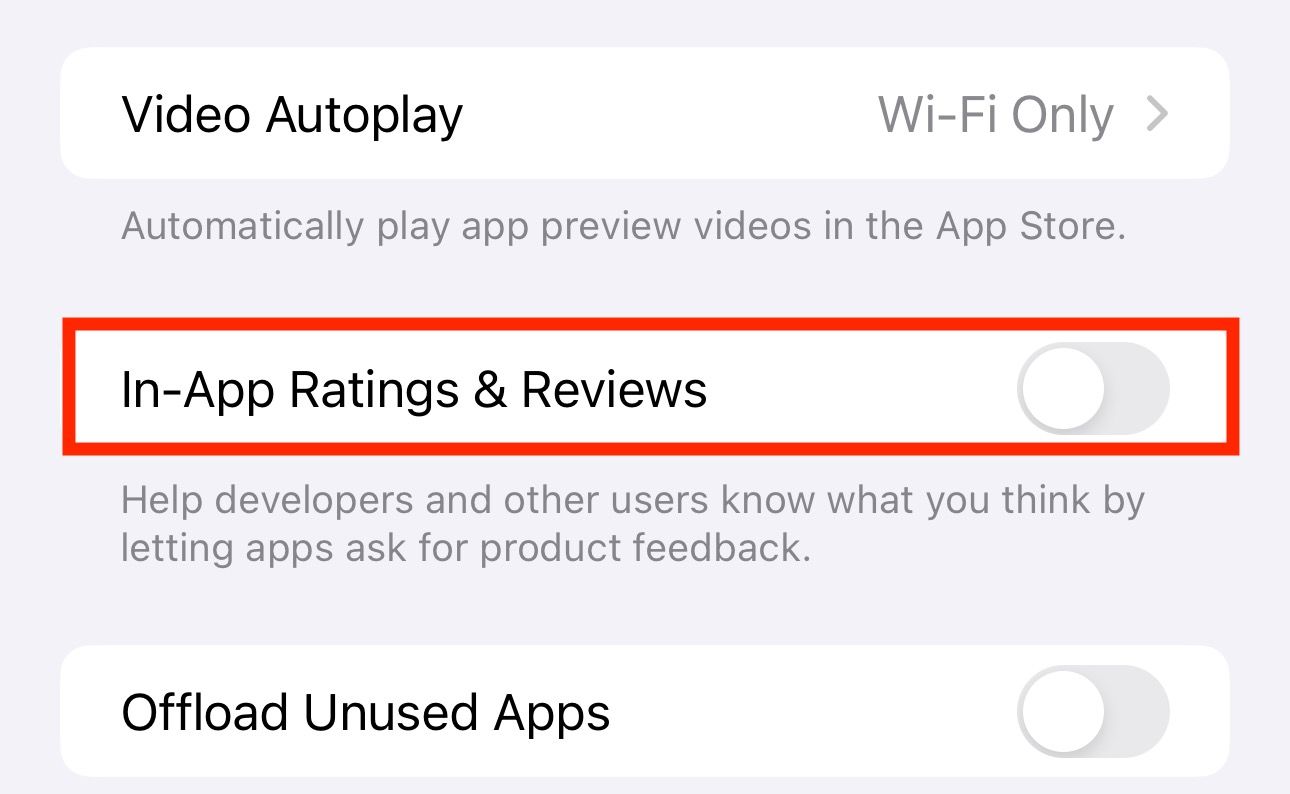 Выключение опции «Оценки и отзывы в приложении» на iPhone.