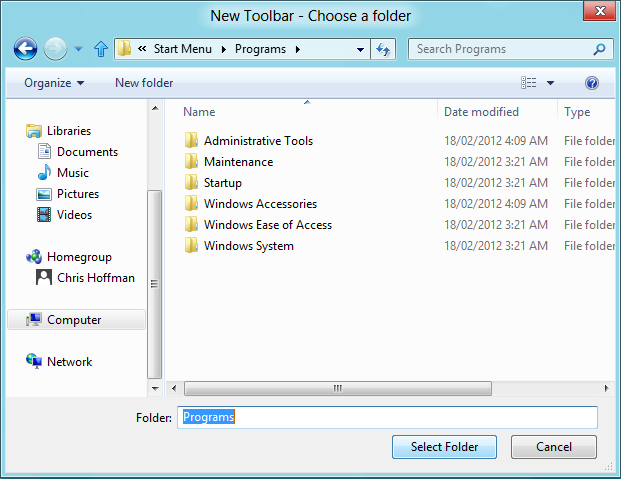 Выбор папки для панели инструментов — путь %ProgramData%MicrosoftWindowsStart MenuPrograms