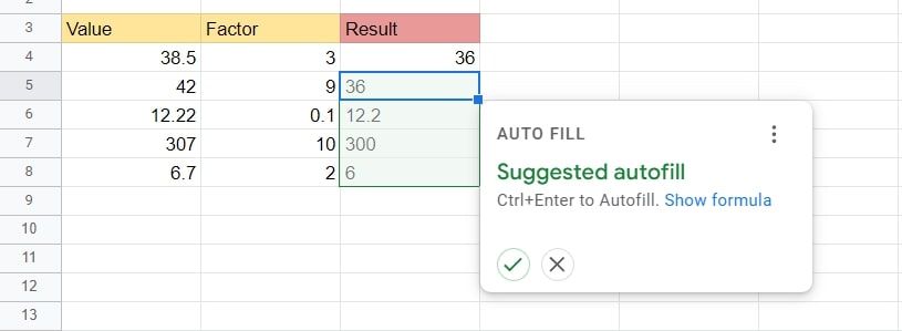 Автозаполнение столбца с формулой FLOOR