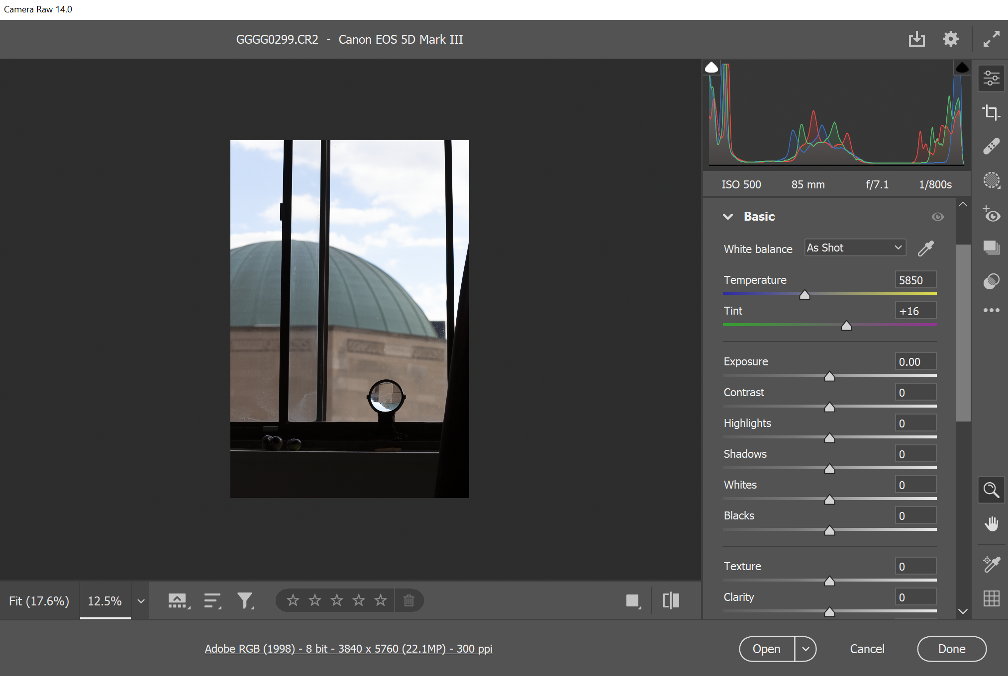 Интерфейс Adobe Camera Raw с окном и панелями инструментов