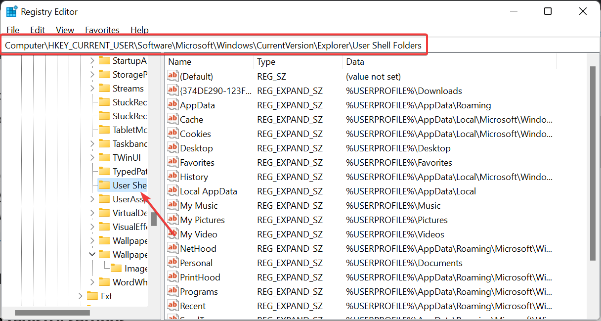 Дерево реестра с выделенным путём User Shell Folders.