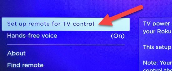 Опция «Настроить пульт для управления ТВ» в Roku