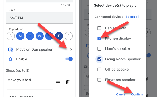Выбор умных колонок и дисплеев для оповещений.