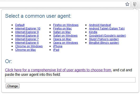 Пример расширения User-Agent Switcher в браузере