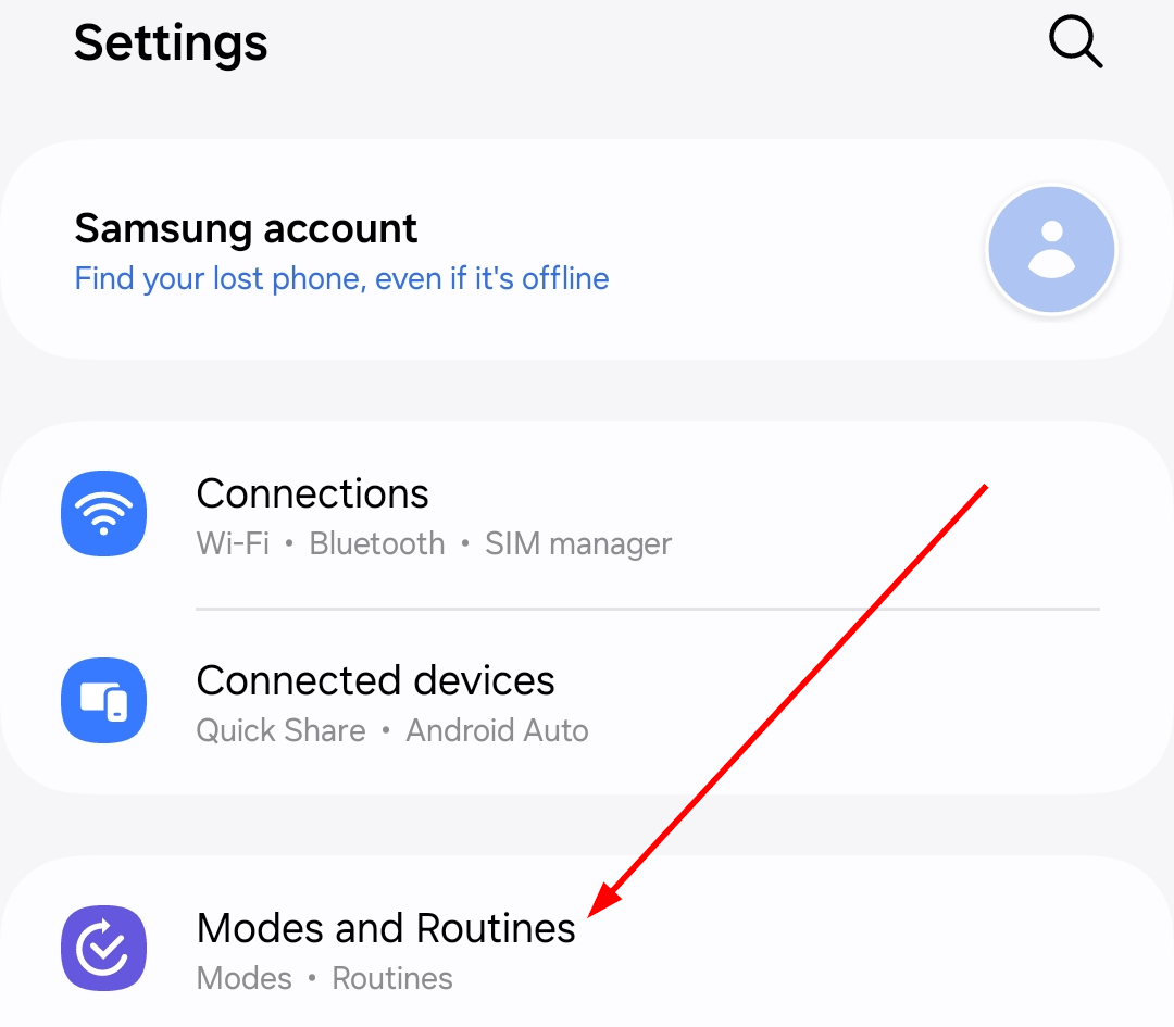 The 'Mode and Routines' option in  Samsung Settings.
