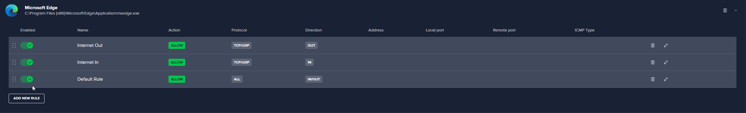 Выпадающее меню правил в Avast