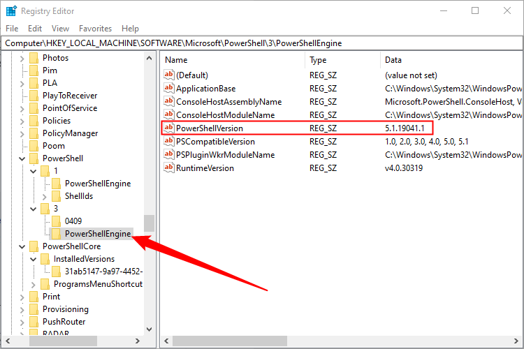 Запись в реестре, содержащая версию PowerShell 5.