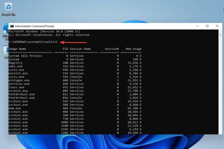 Вывод команды tasklist в командной строке