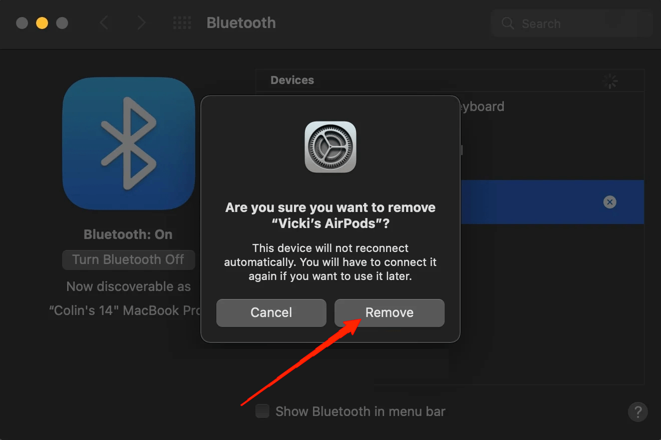 Подтвердите удаление AirPods на Mac