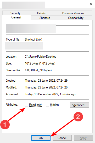 Скриншот окна свойств файла INI с снятым флажком