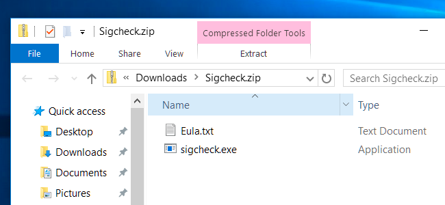Папка с извлечённым файлом sigcheck.exe