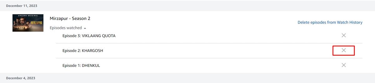 Иконка крестика для удаления эпизода из истории просмотров.