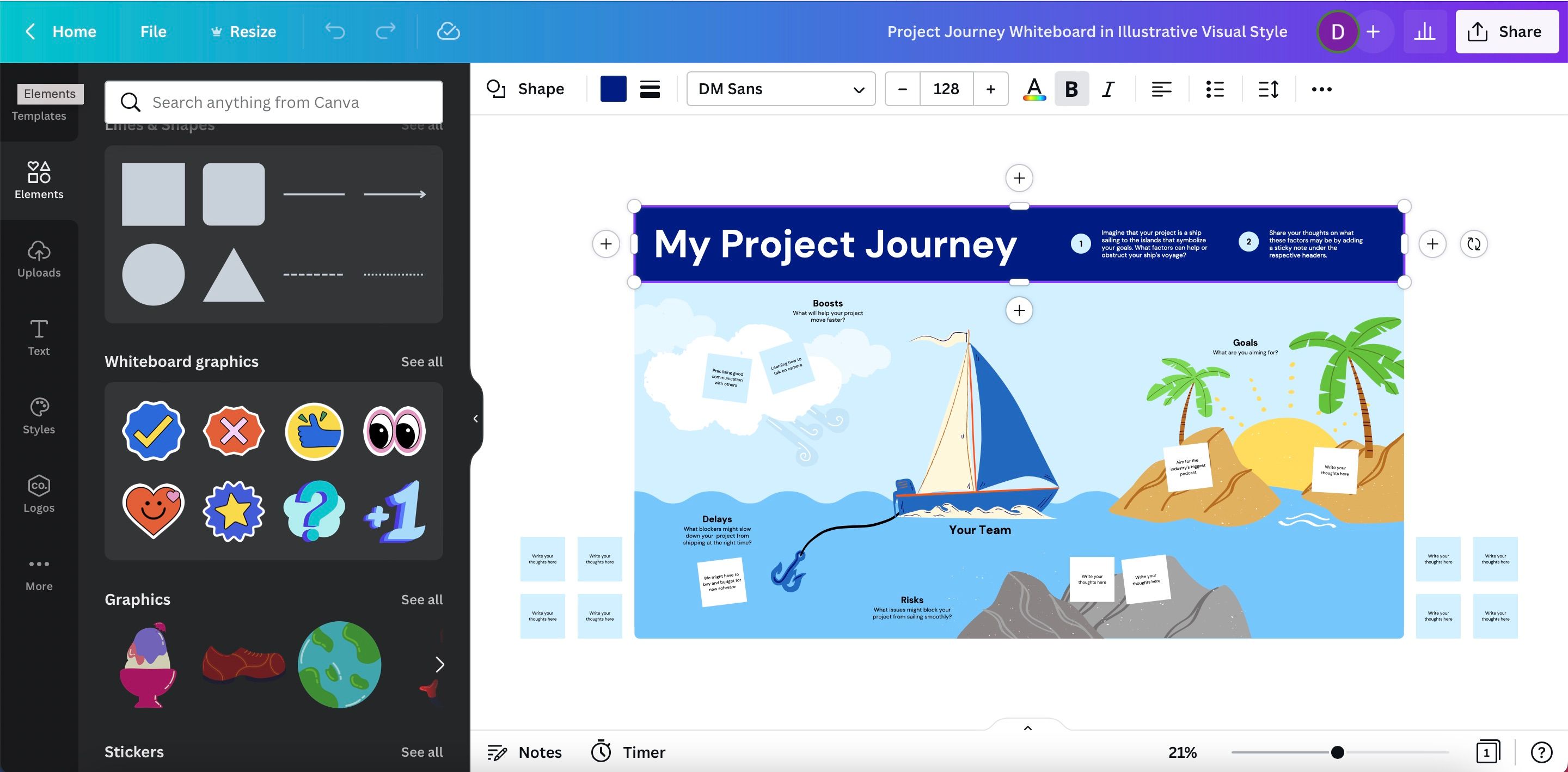 Панель элементов и графики для белой доски в Canva