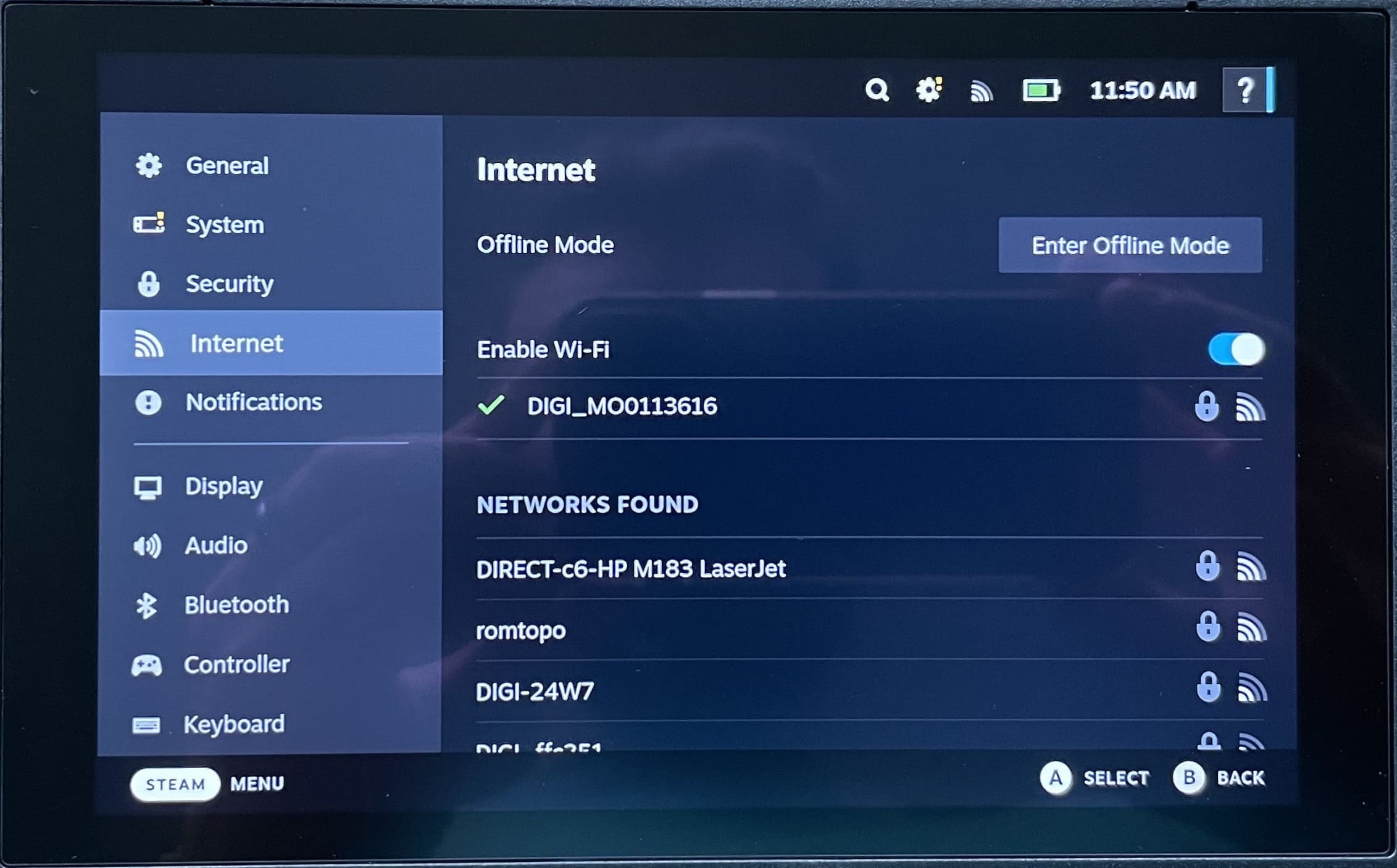 Индикатор проблем с интернетом на фоне Steam Deck