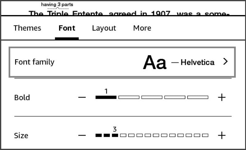 параметр семейство шрифтов в Kindle.